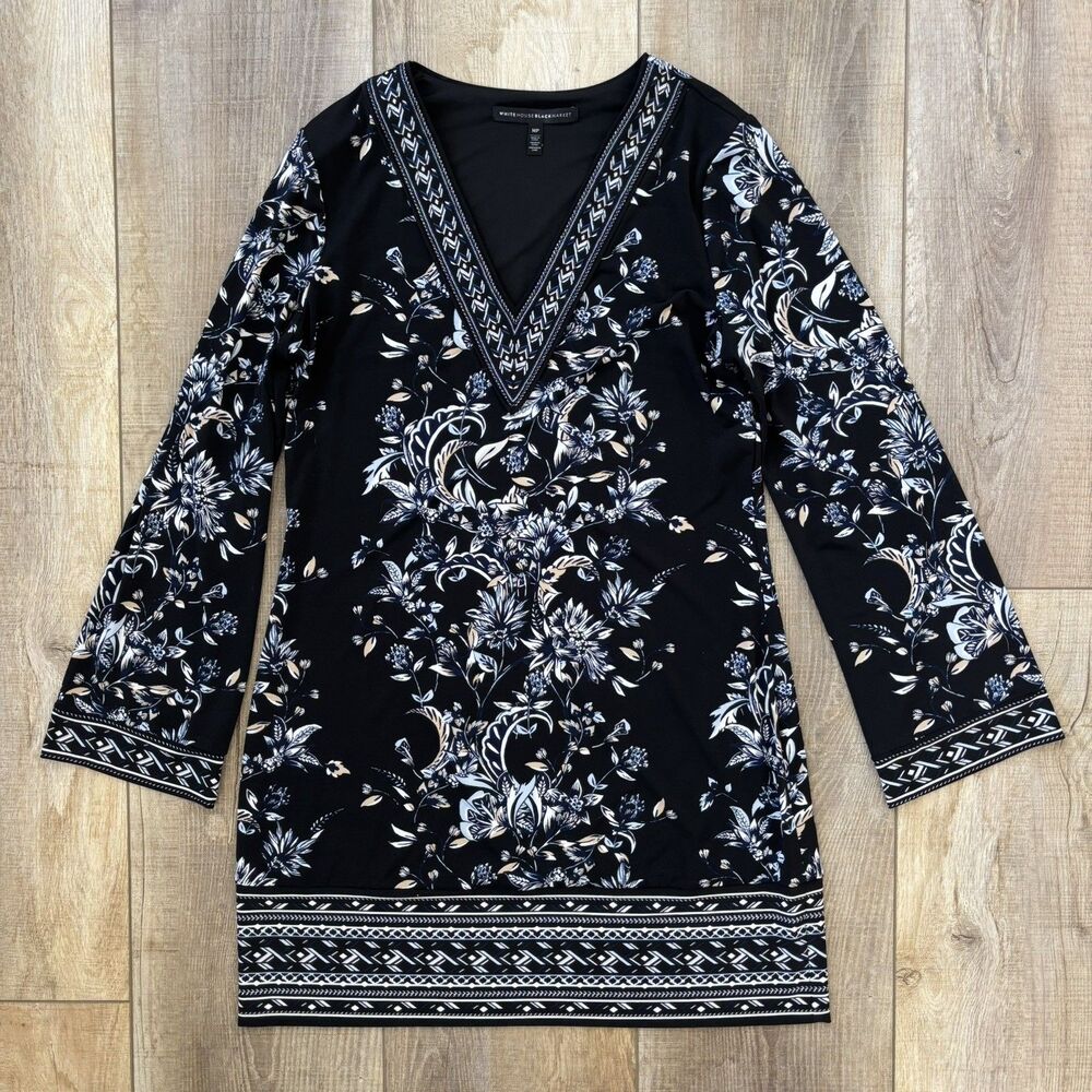 White House Black Market Floral Dress Sz Med Petite Embroidered Stretch Black - Picture 10 of 13